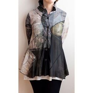 Damee 2pc Set Mesh Sheer Shirt Tunic Cami  Abstract Art to Wear Lagenlook Medium